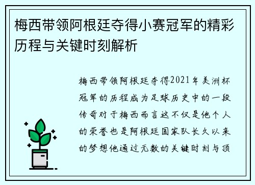 梅西带领阿根廷夺得小赛冠军的精彩历程与关键时刻解析