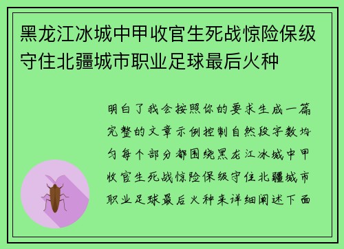黑龙江冰城中甲收官生死战惊险保级守住北疆城市职业足球最后火种